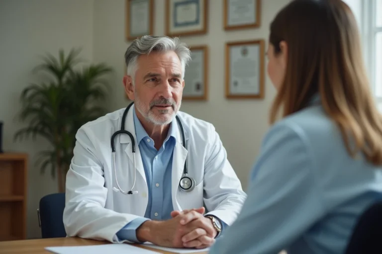 Médecin expliquant avec précaution le diagnostic de la maladie de Pierre Servant à un patient lors d'une consultation médicale