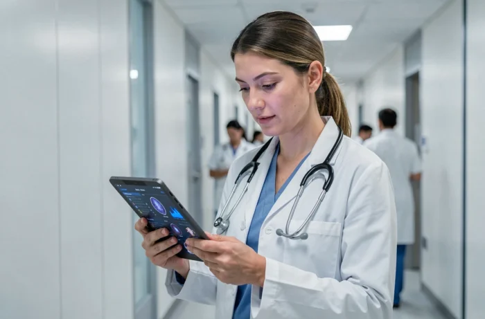 Médecin femme consultant des données de santé sur une tablette dans un couloir d'hôpital moderne