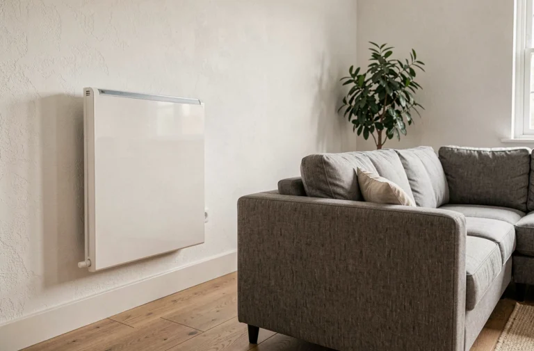 Salon moderne avec radiateur électrique encastré au mur, plancher en bois et canapé gris