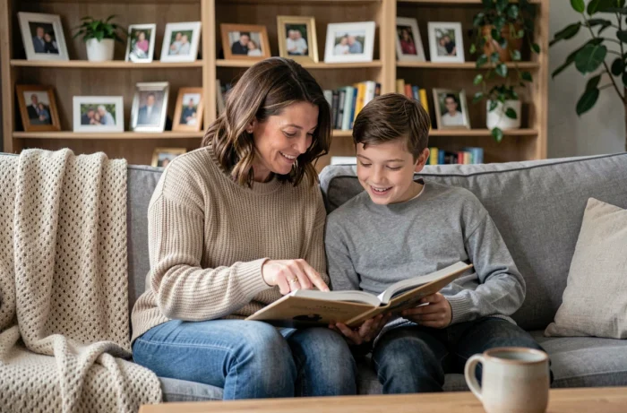 Mother and teenage son reading a book together on the living room sofa, a moment of family bonding in a cozy and warm interior