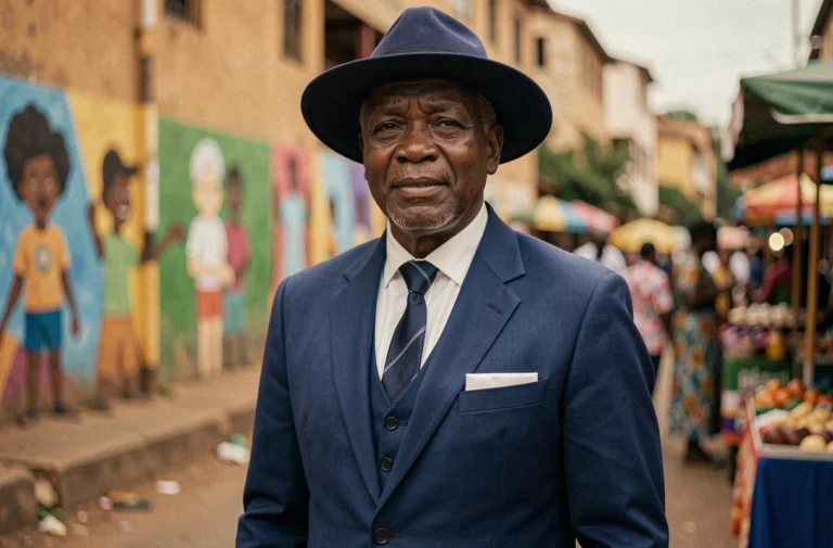 Musicien congolais en costume de sapeur élégant dans une rue animée de Kinshasa, évoquant l'univers de Papa Wemba et la rumba congolaise