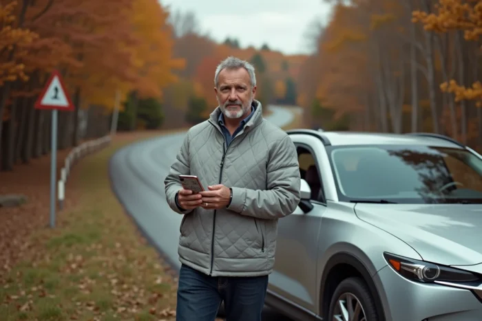 Homme consultant une application de navigation Michelin sur smartphone au bord d'une route de campagne