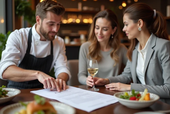 Un couple négocie un contrat traiteur incluant une clause de variabilité avec un chef en tenue professionnelle