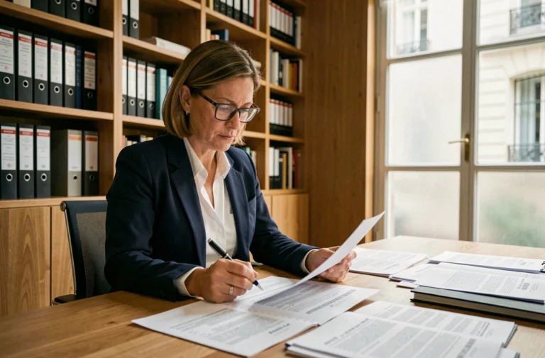 Notaire femme examinant des documents de copropriété liés à la loi Alur dans un bureau parisien