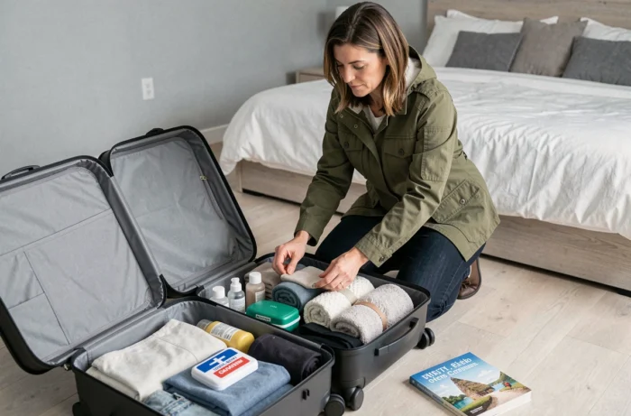 Femme organisant méticuleusement sa valise avec vêtements roulés et articles de voyage pour un départ serein