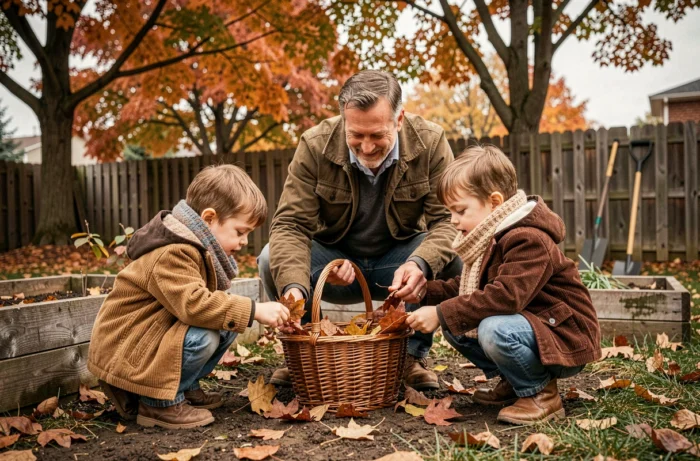 Father and children collecting autumn leaves in the family garden, a friendly outdoor activity illustrating a fulfilling family life on a daily basis