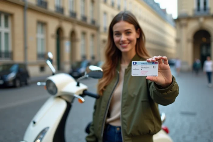 Femme tenant un permis de conduire français à côté d'un scooter 250 cm3 en ville
