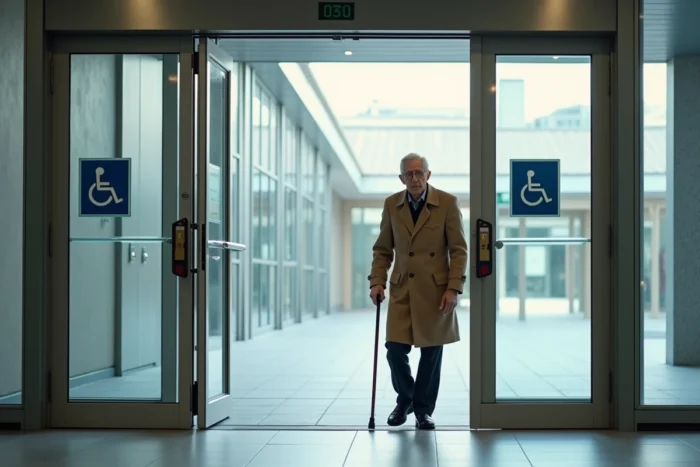 Personne âgée avec canne entrant dans un bâtiment public via une entrée accessible PMR