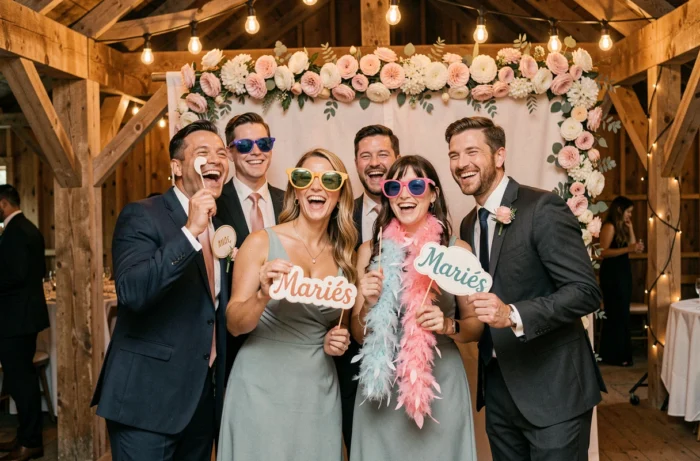 Groupe d'invités utilisant un photobooth décoré lors d'une réception de mariage dans une grange rustique