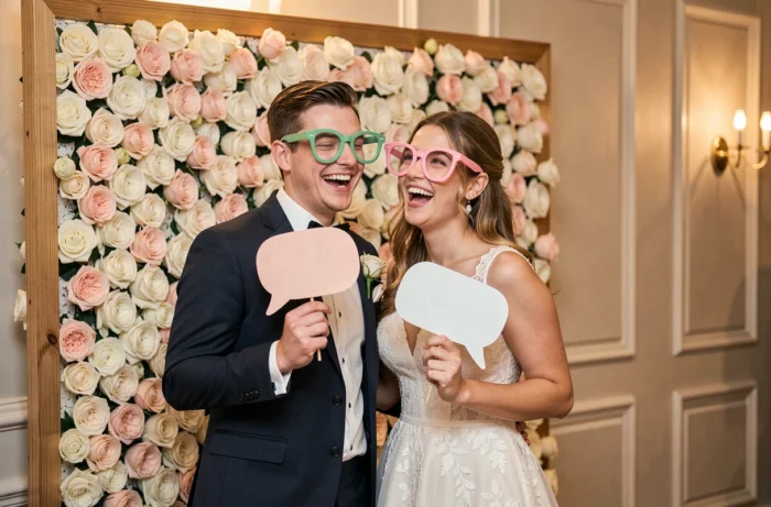 Couple d'invités souriant dans un photobooth de mariage décoré d'un mur de fleurs roses et blanches avec des accessoires originaux
