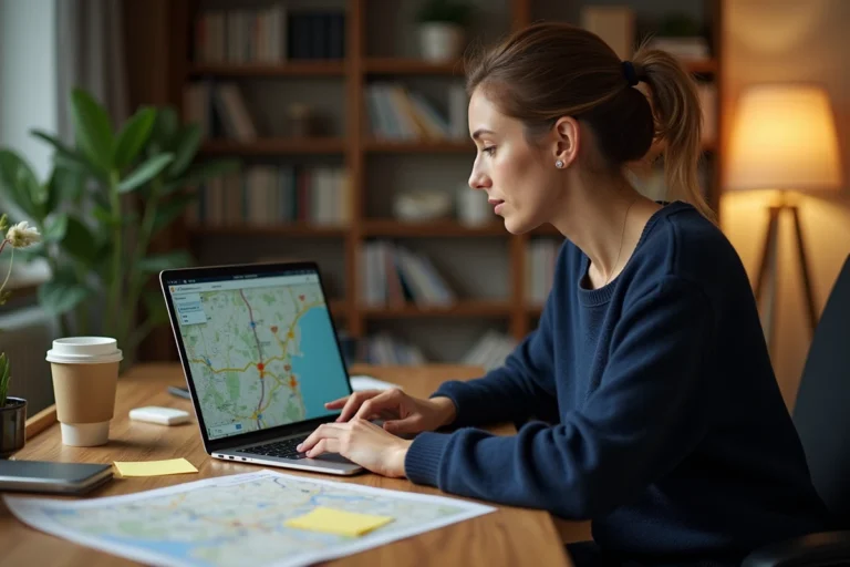 Femme planifiant un itinéraire routier sur un ordinateur portable avec une interface de navigation Michelin