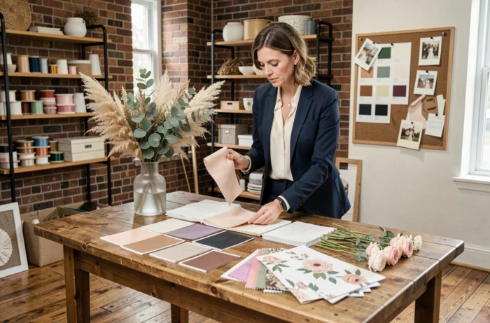 Planificatrice d'événements professionnelle consultant des échantillons de tissus et de fleurs dans un atelier de mariage tendance