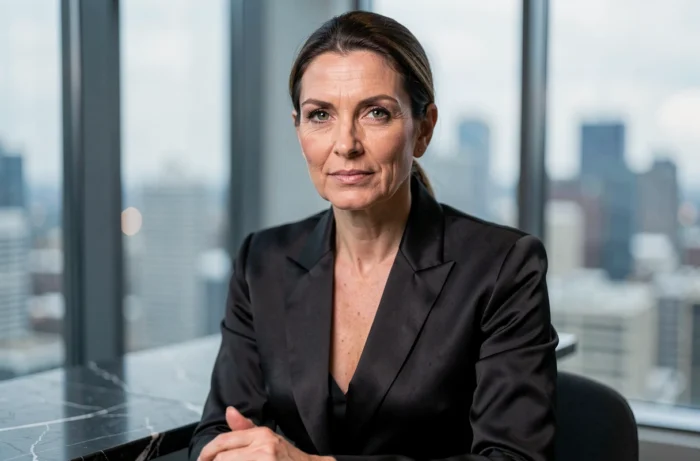 Portrait élégant d'une femme brune aux yeux verts évoquant Angelina Jolie dans un cadre raffiné et minimaliste