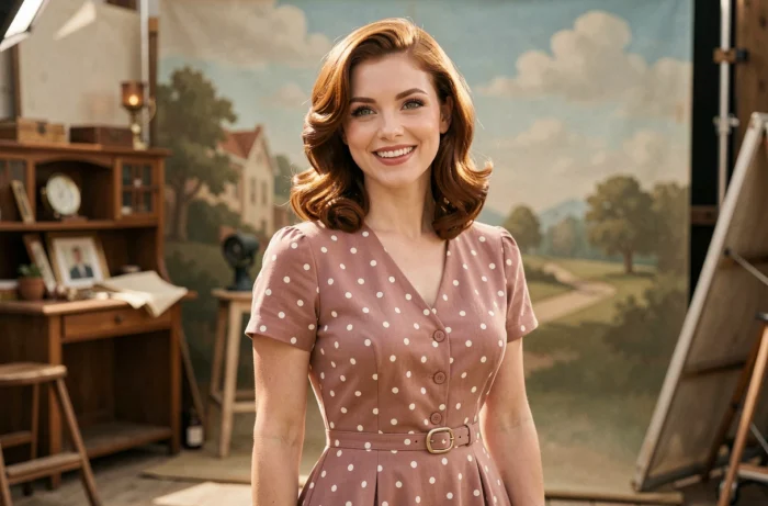 Femme aux cheveux brun-roux et yeux verts en robe vintage rose sur un plateau de cinéma, évoquant Emma Stone