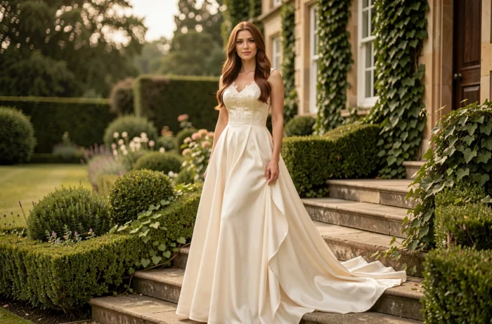 Femme brune aux yeux verts en robe ivoire sur les marches d'un manoir anglais, évoquant Keira Knightley