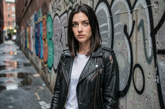 Femme brune aux yeux verts en veste en cuir noir dans une ruelle urbaine, évoquant l'esthétique de Kristen Stewart
