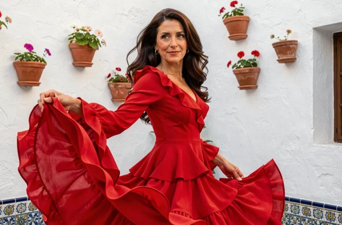 Femme brune aux yeux verts en robe rouge flamenco dans une cour andalouse, évoquant Penélope Cruz