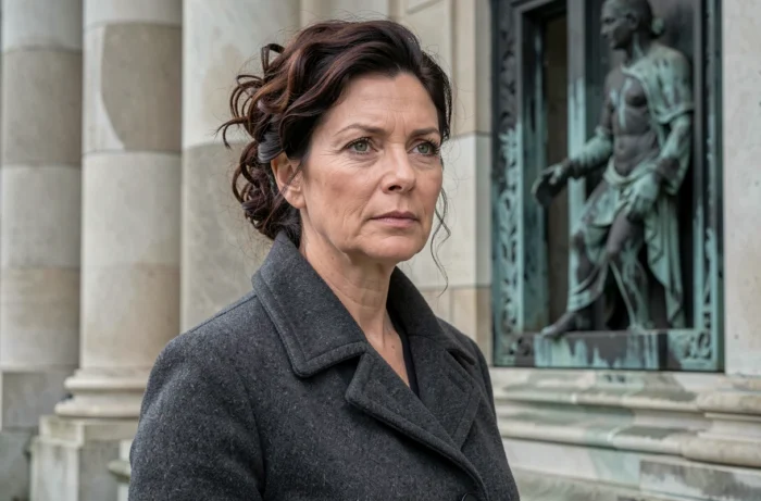 Femme brune aux yeux verts en manteau gris devant un musée historique britannique, évoquant Rachel Weisz