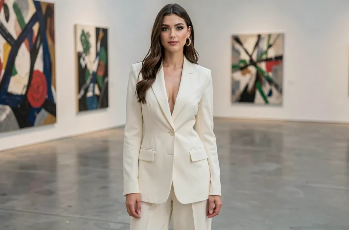 Jeune femme brune aux yeux verts en tenue haute couture ivoire dans une galerie d'art moderne, évoquant Zendaya
