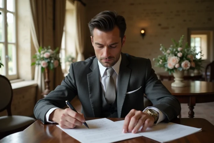Homme en costume gris préparant les détails d'un mariage dans un manoir français historique