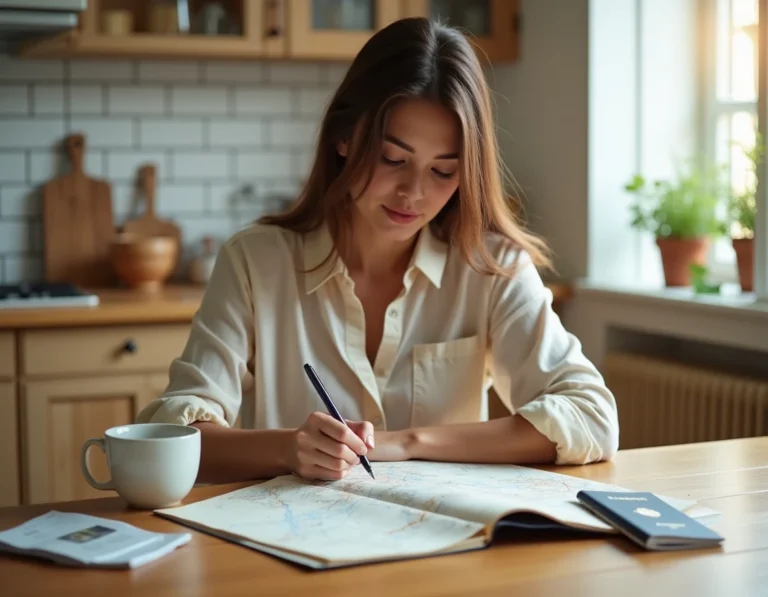 Femme préparant son voyage à la maison en consultant une carte et un carnet de voyage avec passport et billets sur la table