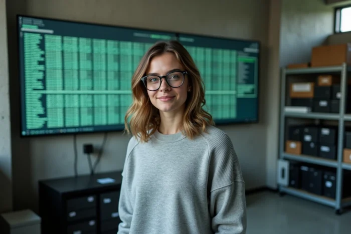Femme spécialiste de la préservation numérique analysant des archives de forum internet dans un laboratoire moderne