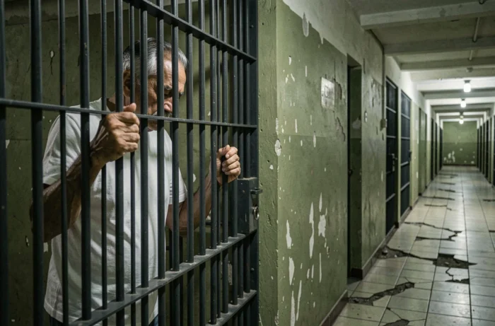 Couloir de prison mexicaine avec un détenu derrière des barreaux évoquant l'emprisonnement et la chute d'un chef du cartel