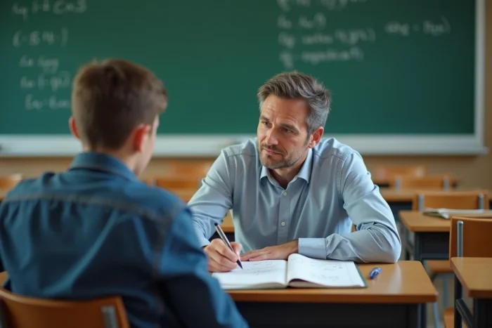 Professeur discutant des résultats scolaires avec un élève autour d'un carnet de notes en classe