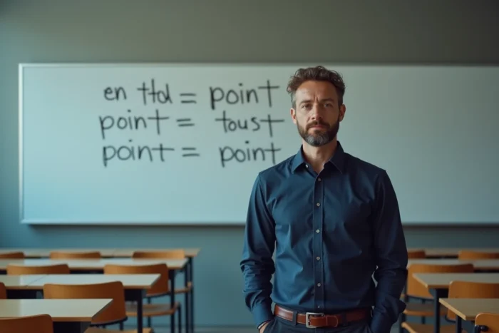Professeur de français expliquant la différence entre en tout point et en tous points au tableau dans une salle de classe