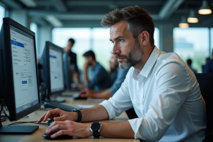 Professionnel en bureau open-space analysant des onglets de navigation privée sur un écran d'ordinateur de bureau