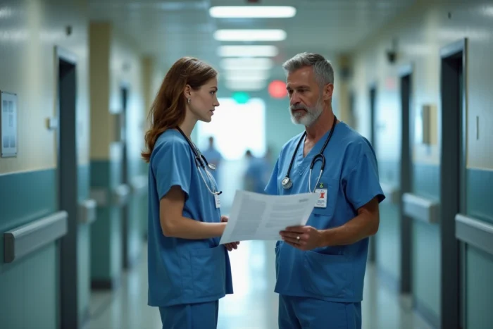 Deux professionnels de santé discutant de précautions médicales liées à la maladie de Pierre Servant dans un couloir hospitalier