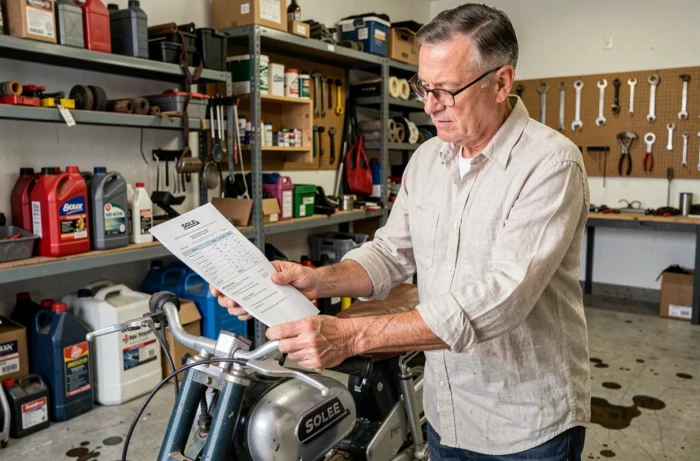 Homme examinant son solex de collection dans un garage avec une police d'assurance à la main
