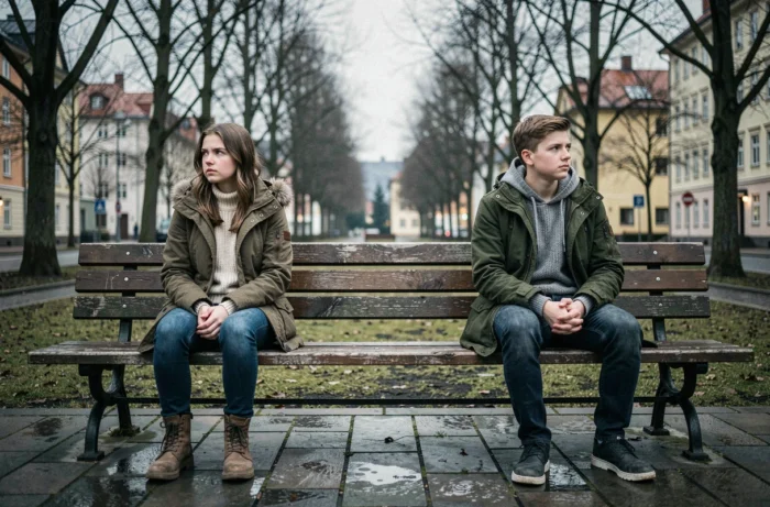 Two teenagers sitting apart on a park bench in Sweden, dramatic tension evoking the series Quicksand season 2