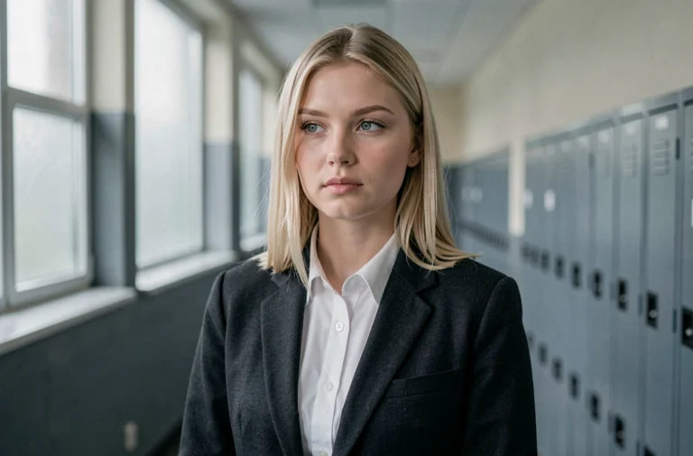 Jeune femme suédoise en uniforme scolaire dans un couloir de lycée scandinave, ambiance série Quicksand saison 2