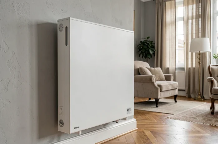 Radiateur électrique Atlantic blanc monté sur un mur gris clair dans un appartement de style français