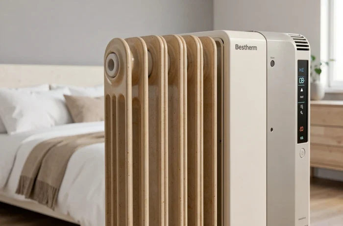 Radiateur à inertie céramique Bestherm dans une chambre moderne minimaliste, montrant la qualité de fabrication céramique