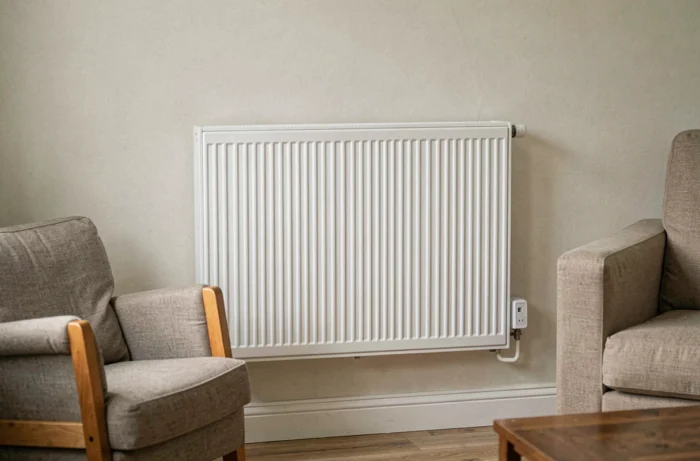 Radiateur électrique Carrera entrée de gamme monté dans un appartement modeste avec aménagement simple