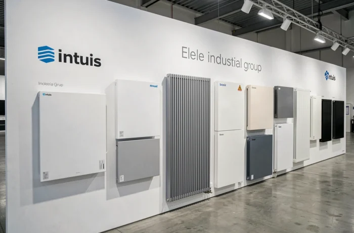 Gamme de radiateurs électriques Intuis exposés dans un showroom industriel avec signalétique de marque