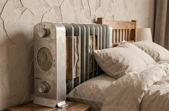 Radiateur à inertie sèche Noirot dans une chambre cosy avec mobilier en bois et literie douce