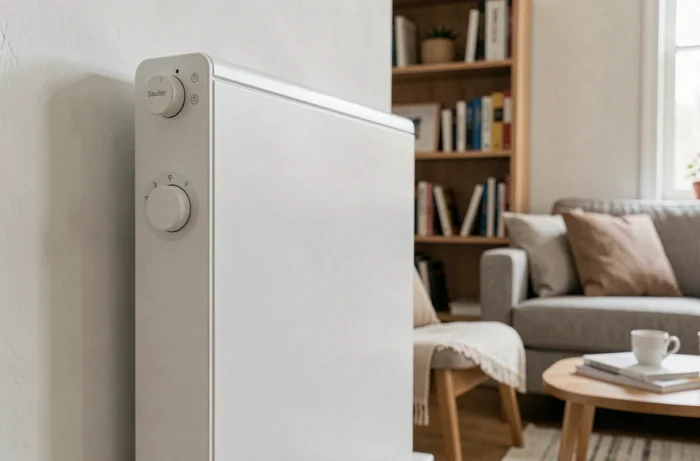 Radiateur électrique Sauter milieu de gamme dans un appartement compact avec décoration minimaliste