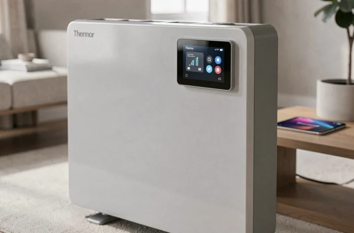 Radiateur connecté Thermor haut de gamme avec écran tactile dans un intérieur moderne domotisé