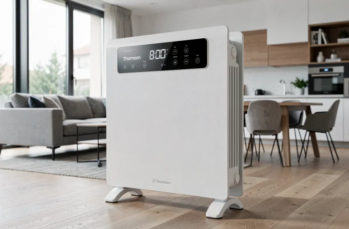 Radiateur électrique Thomson avec écran LCD dans un salon ouvert moderne, illustrant l'innovation grand public