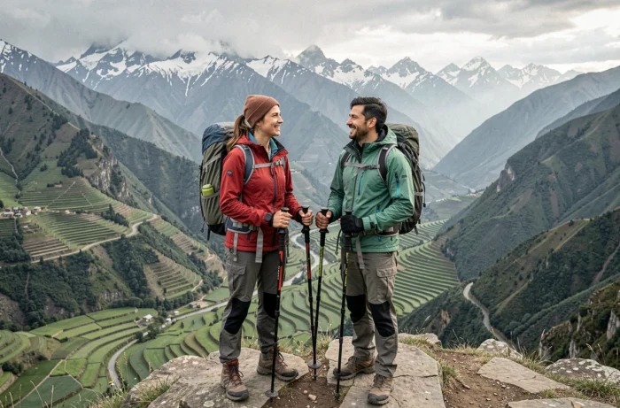 Deux randonneurs contemplant un panorama montagneux avec vallée verdoyante et sommets enneigés