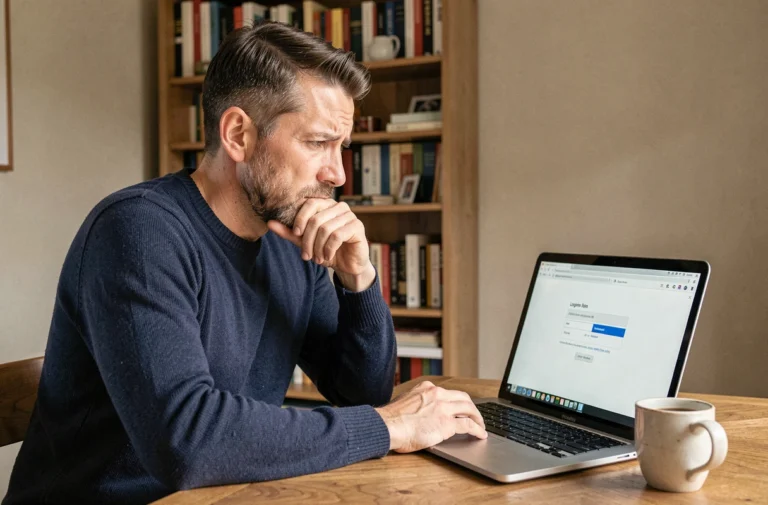 Homme frustré devant un écran d'ordinateur affichant une erreur de connexion, tentant de récupérer son compte en ligne