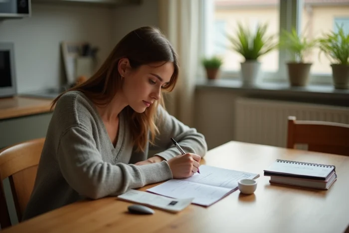 Femme remplissant un chèque à domicile avec un reçu Carrefour sur la table
