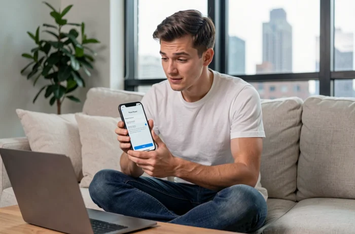 Jeune homme sur un canapé utilisant son smartphone pour réinitialiser le mot de passe d'un compte perdu