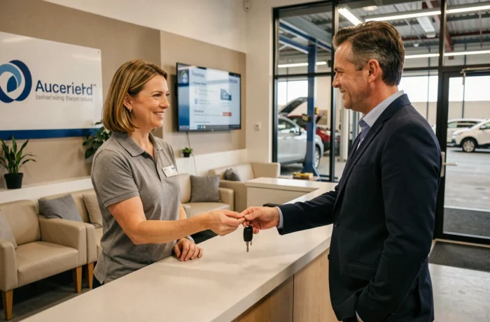 Conseillère de garage remettant les clés d'un véhicule réparé à un client satisfait, accueil professionnel Garage Clavel