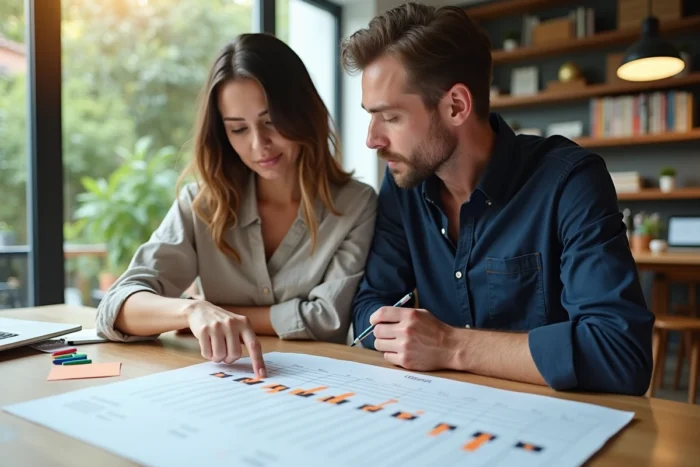 Un couple consulte et annote un rétroplanning de mariage détaillé posé sur une table en bois
