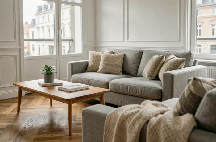 Salon moderne et confortable avec canapé en lin gris, table basse en bois et parquet en chêne dans un style scandinave épuré