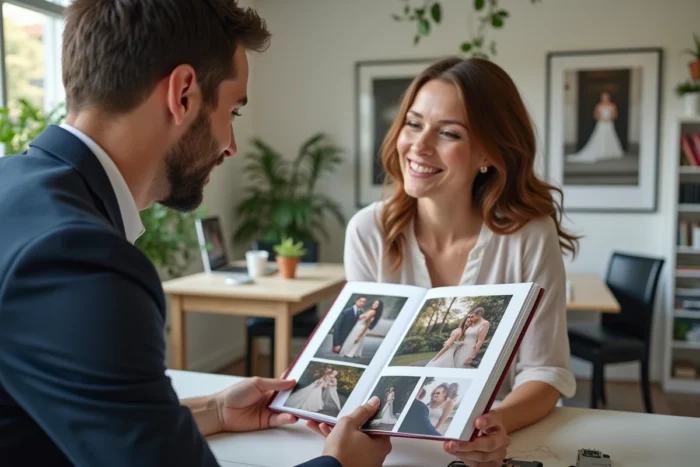 Un photographe présente un reportage complet de mariage en album imprimé à un couple lors d'une consultation
